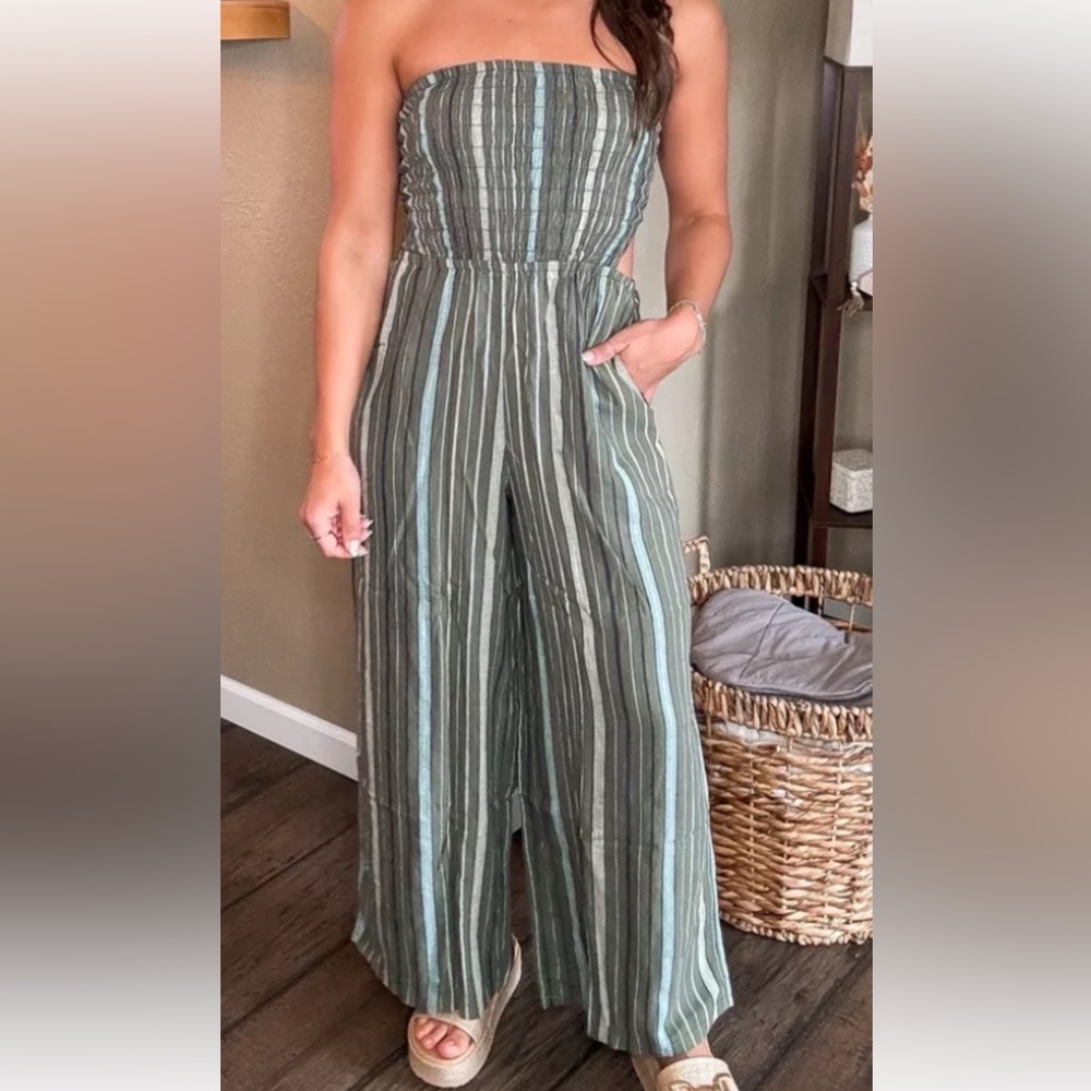 Aerie Green Striped Jumpsuit with Wide-Leg Silhouette